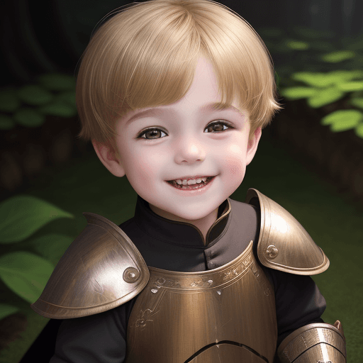 AI generated: young boy, 4 year old, dark brown eyes, very round face, straight hanging honey blond hair, short bo...
