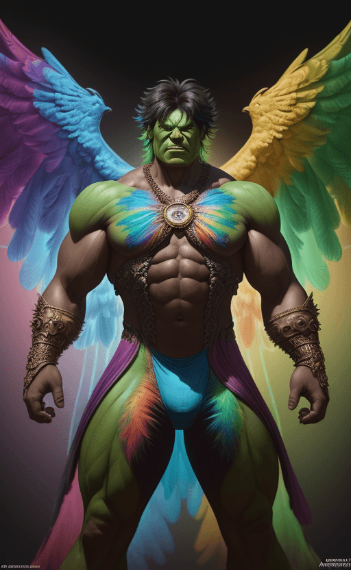AI generated: (colorful bird posing with extreme glowing rainbow colors:1. 8), real face hulk costume,(Sigma 85mm ...