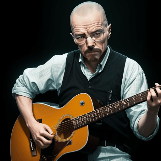 AI generated: a photo of walter white playing guitar alongside James Hettfield 