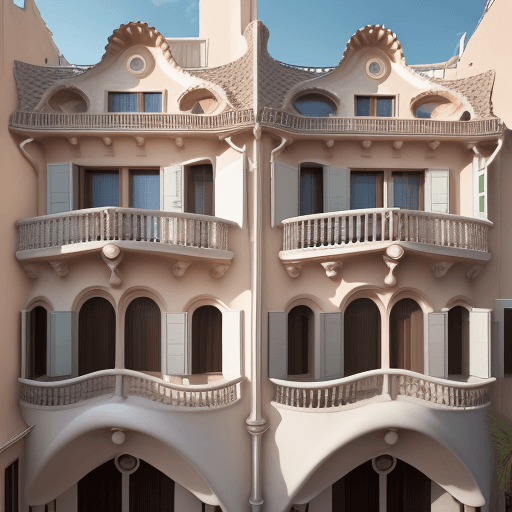 AI generated: High resolution photography, dreamy sunken, House facade, two floors, balcony on the roof, two doors...