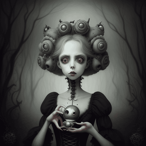 AI generated: Evil Tim Burton girl transformed through a cosplay lens, perfect hands, Nicoletta Ceccoli and Ray Ca...