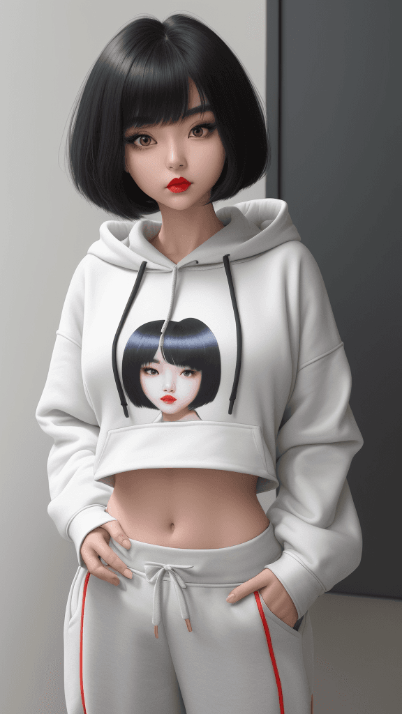 AI generated: 1 girl, beautiful Korean girl, (Cute Loose Bob hair), (wearing a cropped hoodie, capri sweatpants:1....