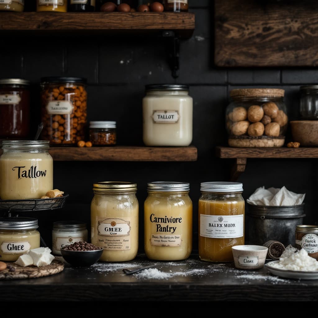 AI generated: Darker Photography of Carnivore Pantry with jars of tallow, Ghee, 
