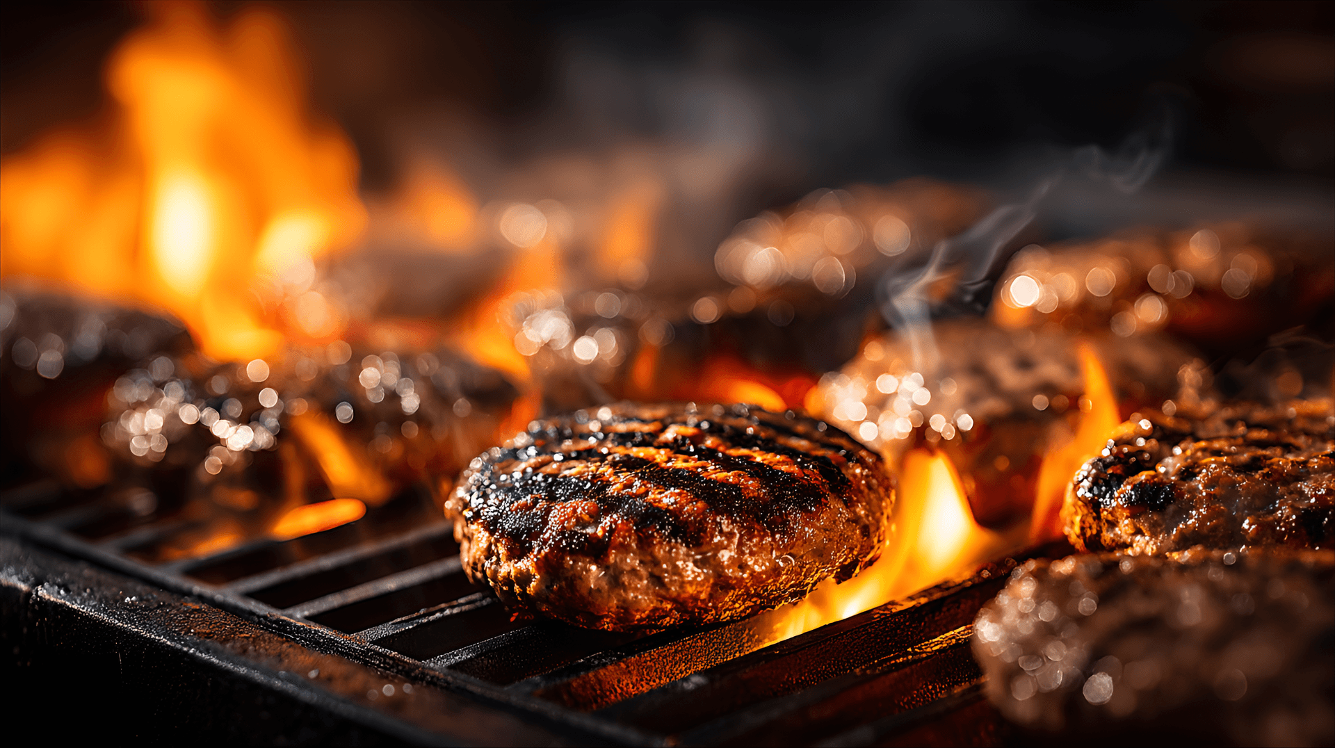 AI generated: Close-up view of several hamburger patties cooking on a grill,  with flames and smoke rising around ...