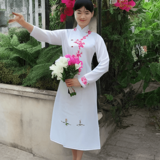 AI generated: Vietnamese girl wearing Aodai with a rosa in hand