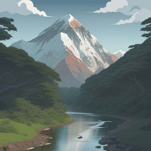AI generated: An everest mount illustration, flat vector ladscape, forest background, river in frontground, studio...