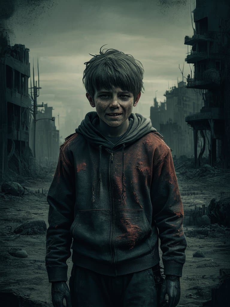 AI generated: A gripping post-apocalyptic portrait of a boy in rugged, distressed clothing of deep rust and charco...