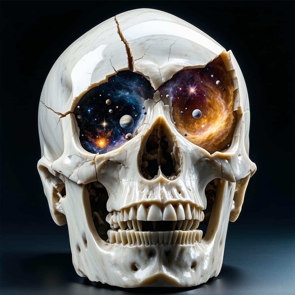 AI generated: Fractured open like a geode, this skull’s interior is not bone, but galaxies — nebulae blooming wher...