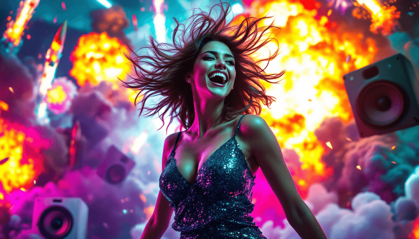 AI generated: Stunning Curvy Young woman, Caucasian, 20s, (Performing a vibrant dance) in a vibrant, sequined, sho...