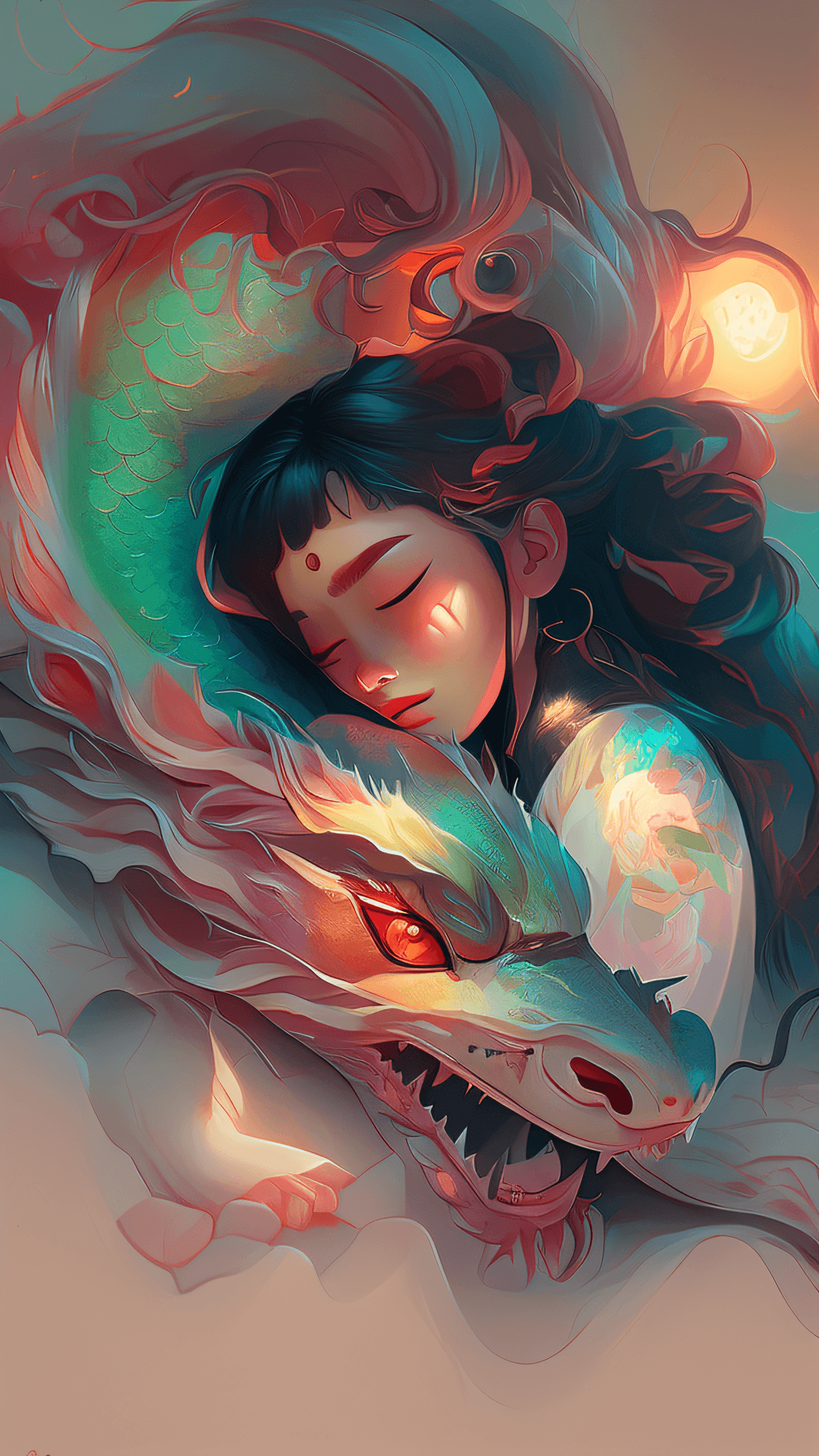 AI generated: painting of a woman sleeping with a dragon on her back, the dragon girl portrait, loish and ross tra...