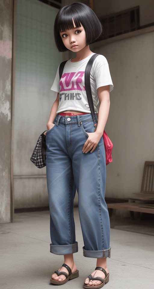 AI generated: Thai girl, checkered clothes, baggy loose jeans, bobcut