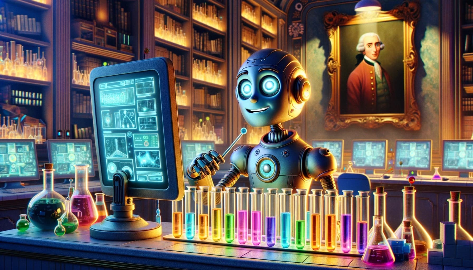 AI generated: Paint a 16:9 cartoon of a robot working with test tubes in a lab and a portrait of Immanuel Kant beh...