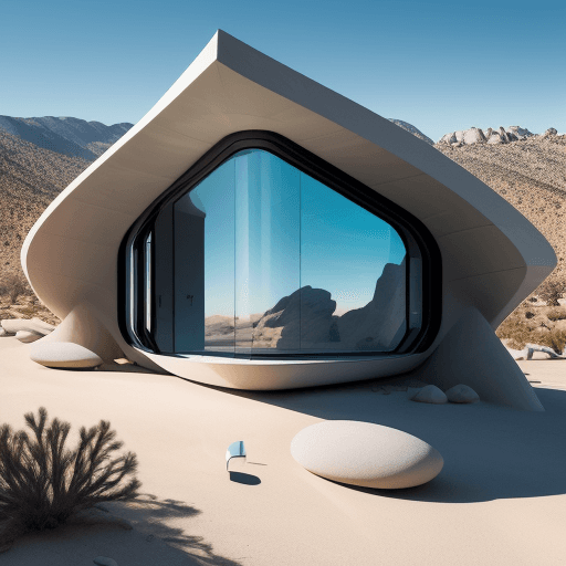 AI generated: Zaha Hadid inspired small house in Joshua Tree National Park