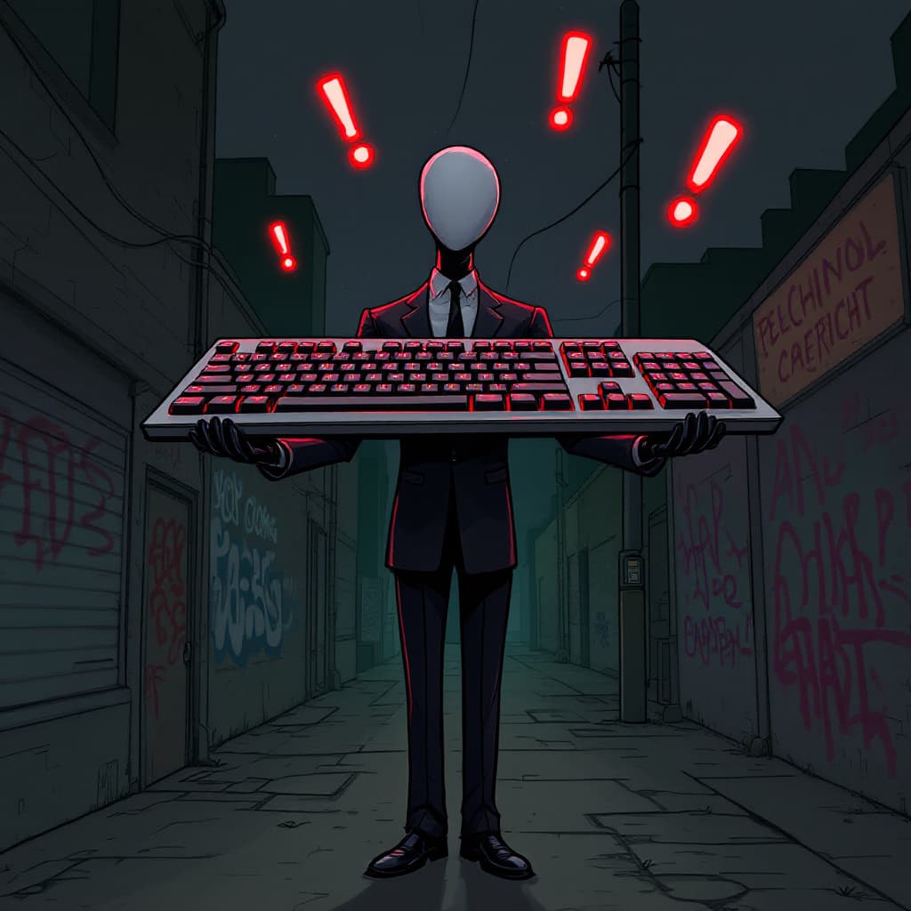 AI generated: a humanoid very thin and tall figure with black gloves in a full-length formal suit, with curved sho...
