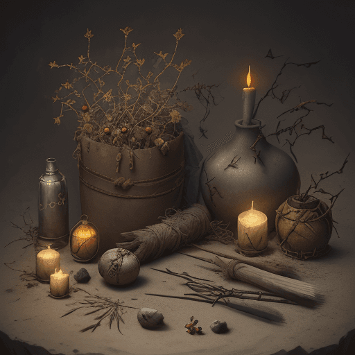 AI generated: Rustic gris-gris bag,  magic symbols on it, dark ochre yellowish in color, tied by thorns, tied with...