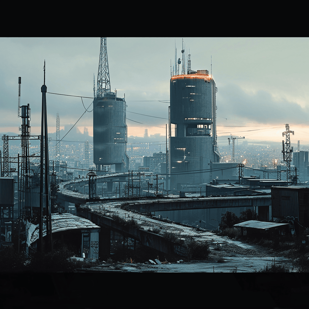 AI generated: fuse Simon Stalenhag's futuristic vision with elements of madness and visual distortion, garish buil...