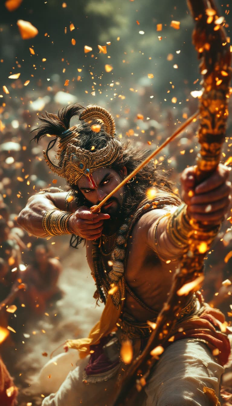 AI generated: "A slow-motion style artistic depiction of Ram breaking Shiva’s bow during Sita Swayamvar, with flyi...