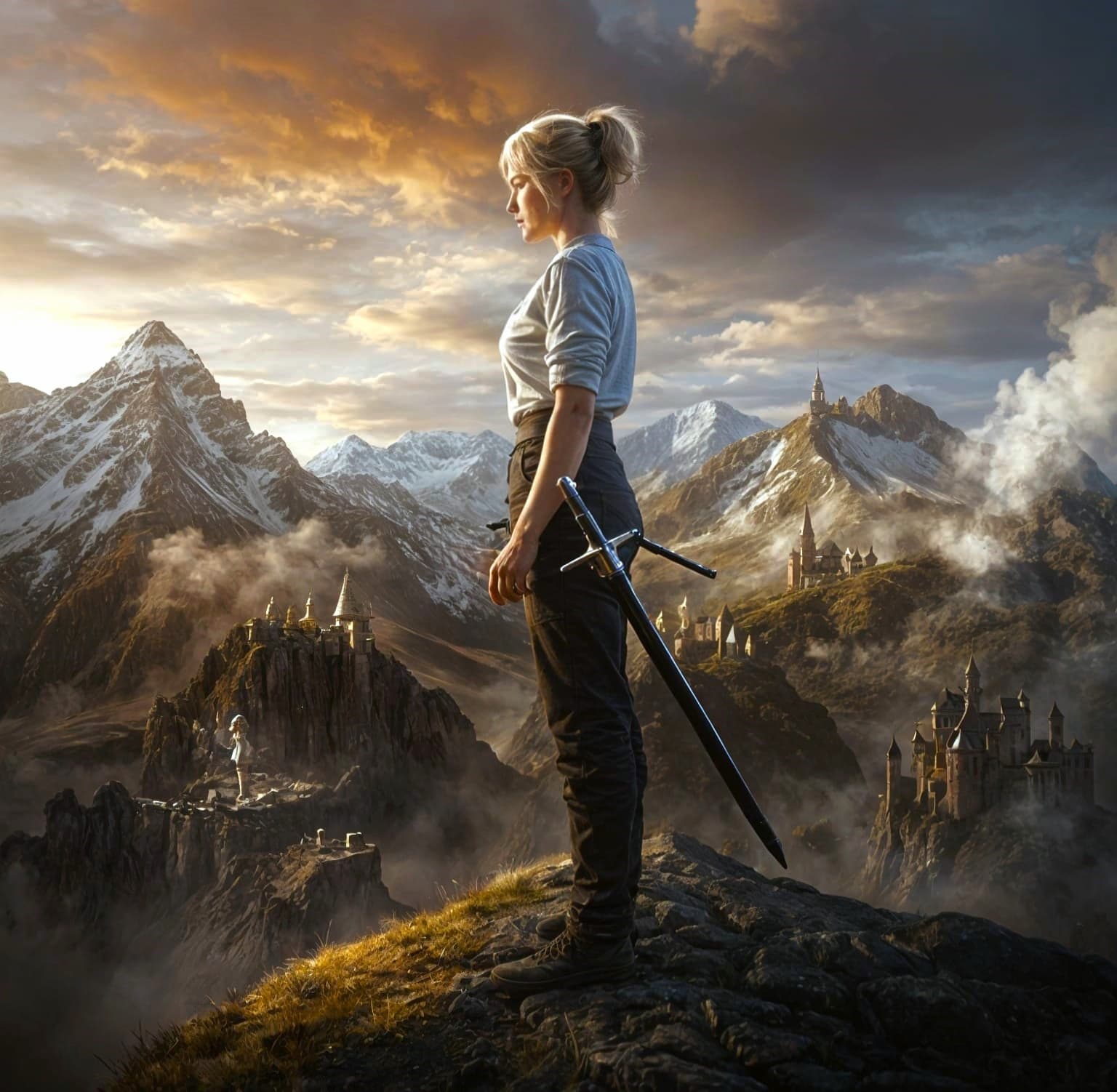 AI generated: A lone female warrior, with blonde hair tied in a messy bun, stands confidently on a high mountain r...