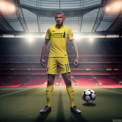 AI generated: hyper realistic killian mbappe, liverpool equipation authentic, with soccer ball, with tattoos in ar...