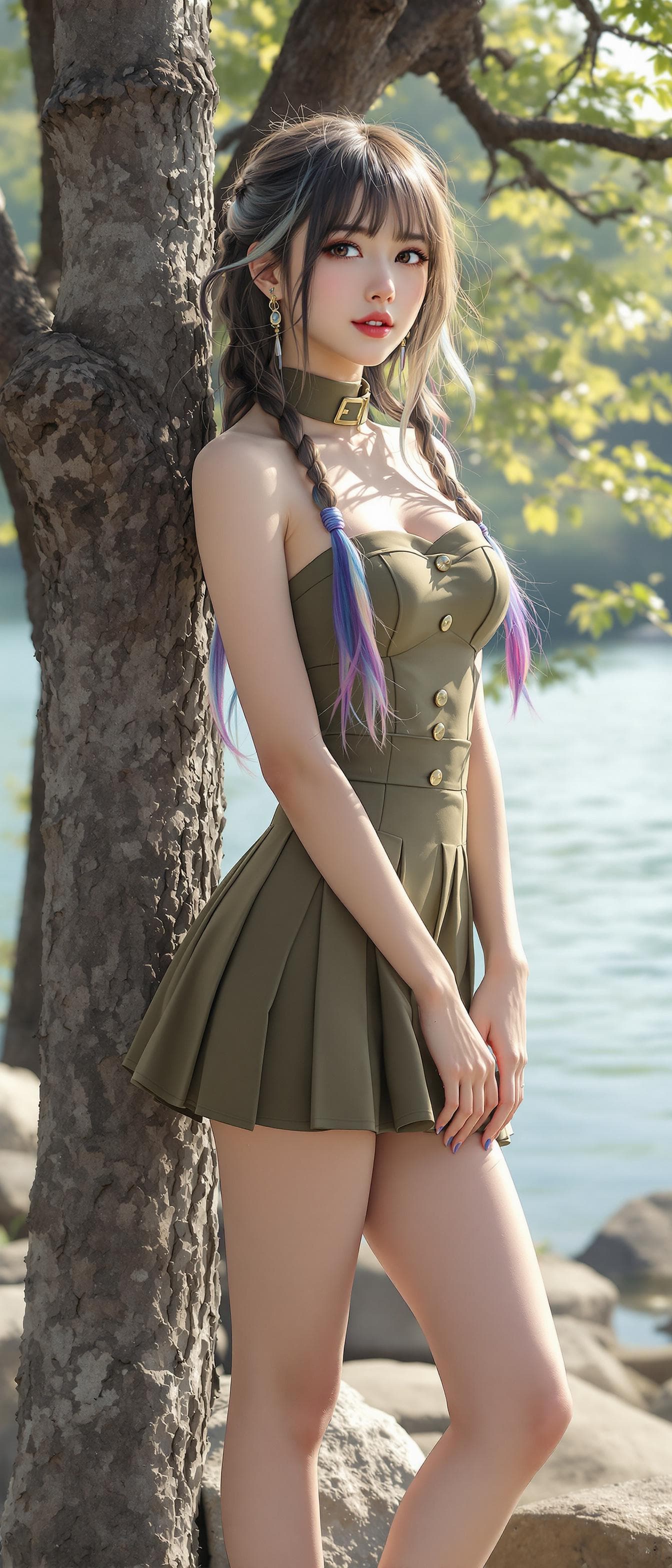 AI generated: hyperrealistic, korean girl, korean ulzzang face, a girl, beautiful, wearing a Army Uniform, straple...