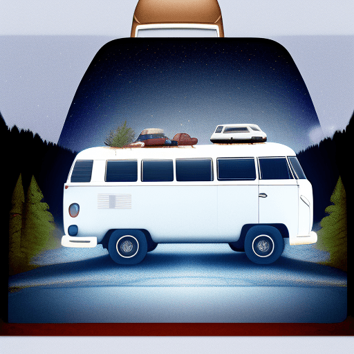AI generated: RAW photo of a white VW BUS on top of a hill, there are 4 people inside of the bus, warm shining lig...