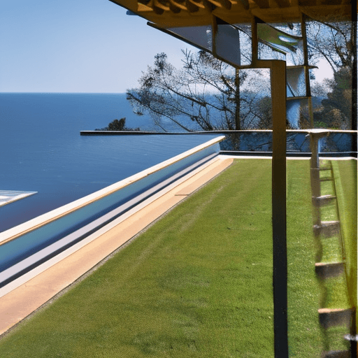 AI generated: Hyper realistic eye level exterior photo of a mid century modern style house overlooking the ocean, ...