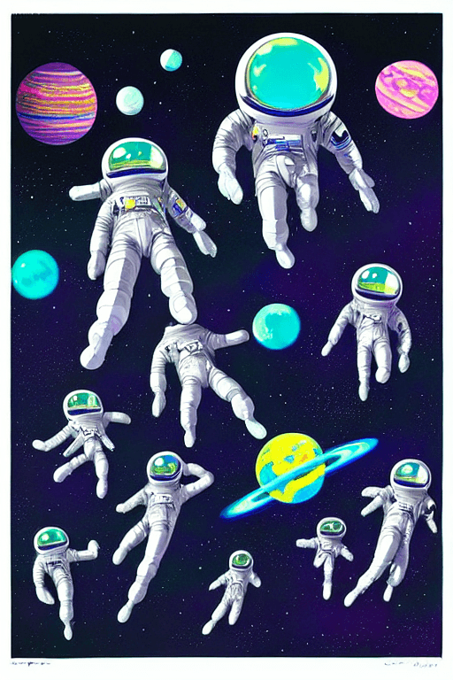 AI generated: crenelated chrome space - suits protect jovial jellyfish kawaii space - cadets from certain doom as ...
