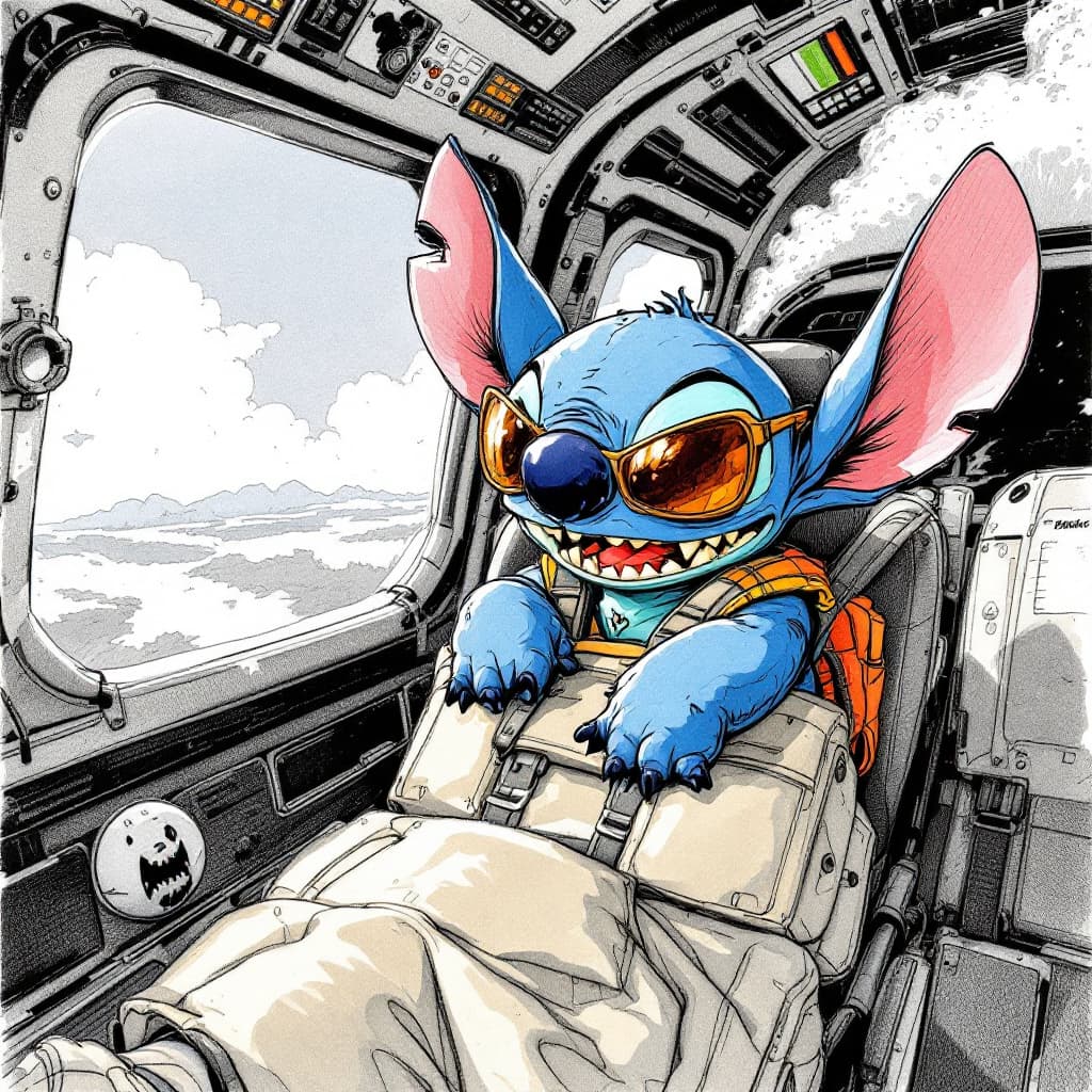AI generated: Stitch,The action is hilarious,Pen and ink drawings,Fly a plane