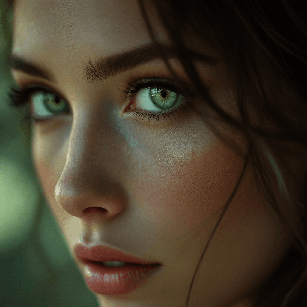 AI generated: a woman with green eyes, in the style of realism with fantasy elements, daz3d, fine art realism, mag...