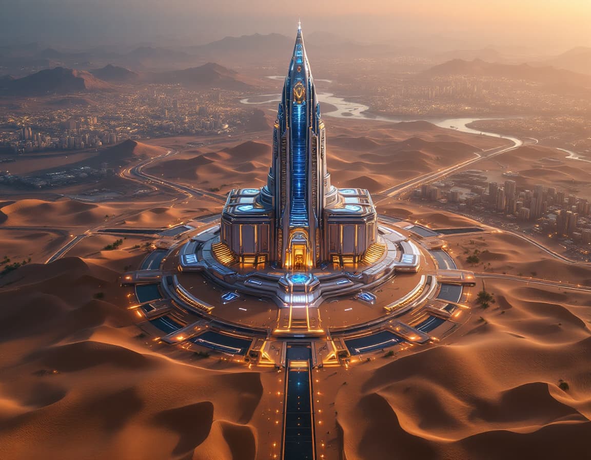 AI generated: The Central bank as seen from above : this imposing building in the center of a futuristic sci-fi ci...
