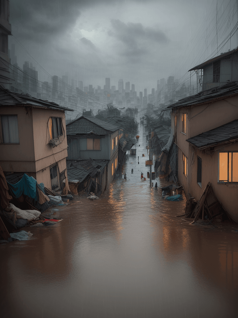 AI generated: Observe through the  window in house,  storm and flooding of a slum corner,flood,
rain,
litter,
spar...