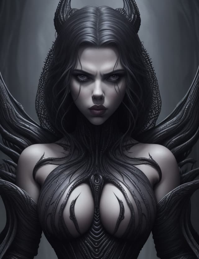 AI generated:  Scarlett Johansson in the style of HR giger's Alien, surreal masterpiece of  gothic , angry, gothic...