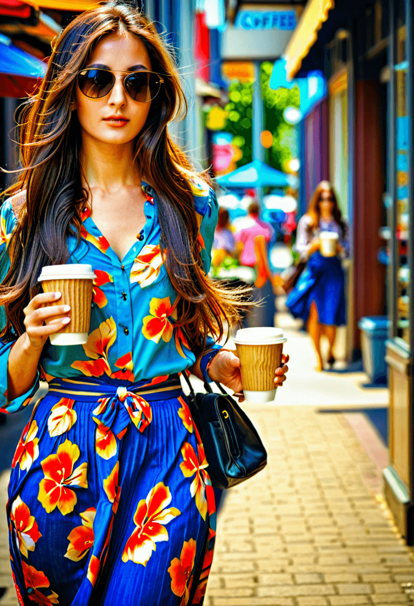AI generated: HDR photo of photograph of a stylish young woman in sunglasses holding coffee, walking away from a c...