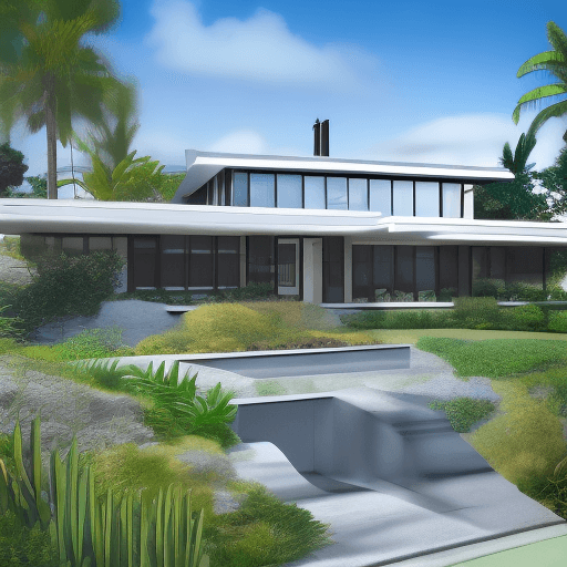 AI generated: Hyper realistic eye level exterior photo of a mid century modern style house overlooking the ocean, ...