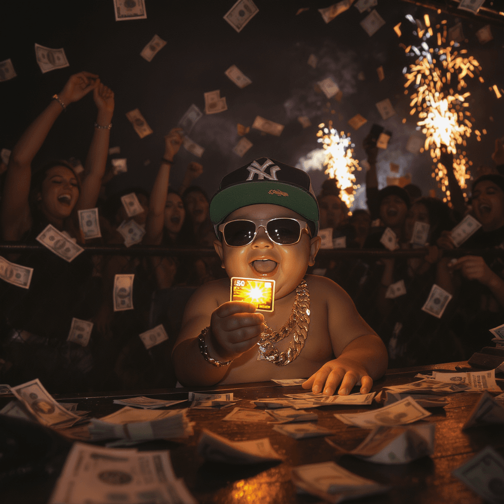 AI generated: A LITTLE FAT WHITE 4 YEAR OLD BABYBOY WITH SUNGLASSES  SITTING ON THE TABLE, FULL OF JOY, LAUGHING, ...