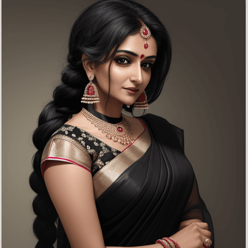 AI generated: High resolution photography, stunningly beautiful indian mom in saree and black braided haie, 30 yea...