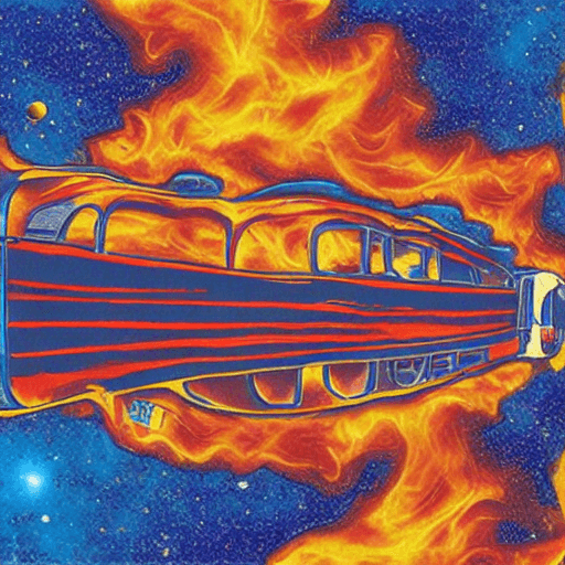 AI generated: A big bus running across the solar system with big blues flames