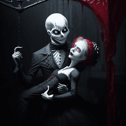 AI generated: Jack Skellington as a man holding Sally, a surreal masterpiece of a gothic vampire, angry, enchanted...