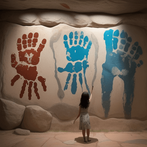 AI generated: woman, boy and **Rock paintings**: The walls display numerous handprints, resembling those found in ...