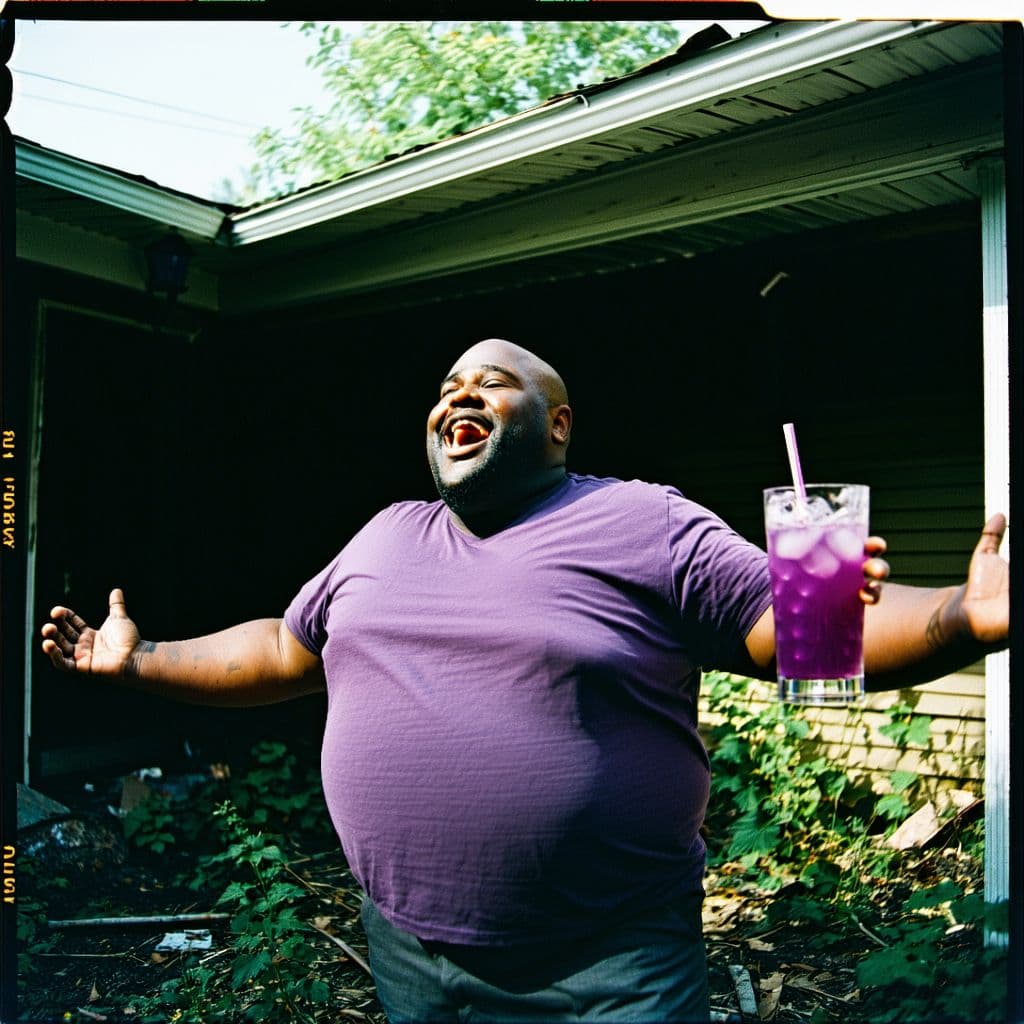 AI generated: grainy 80's photograph quality polaroid of big fat bald elated black man floating in the air with a ...