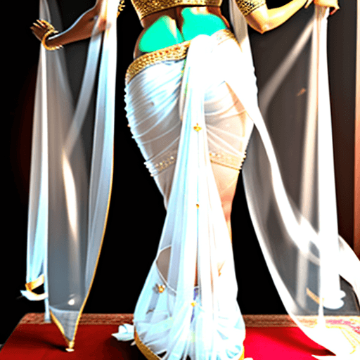 AI generated: Bold and gorgeous Indian mother standing on backside wearing shiny white transparent saree which is ...