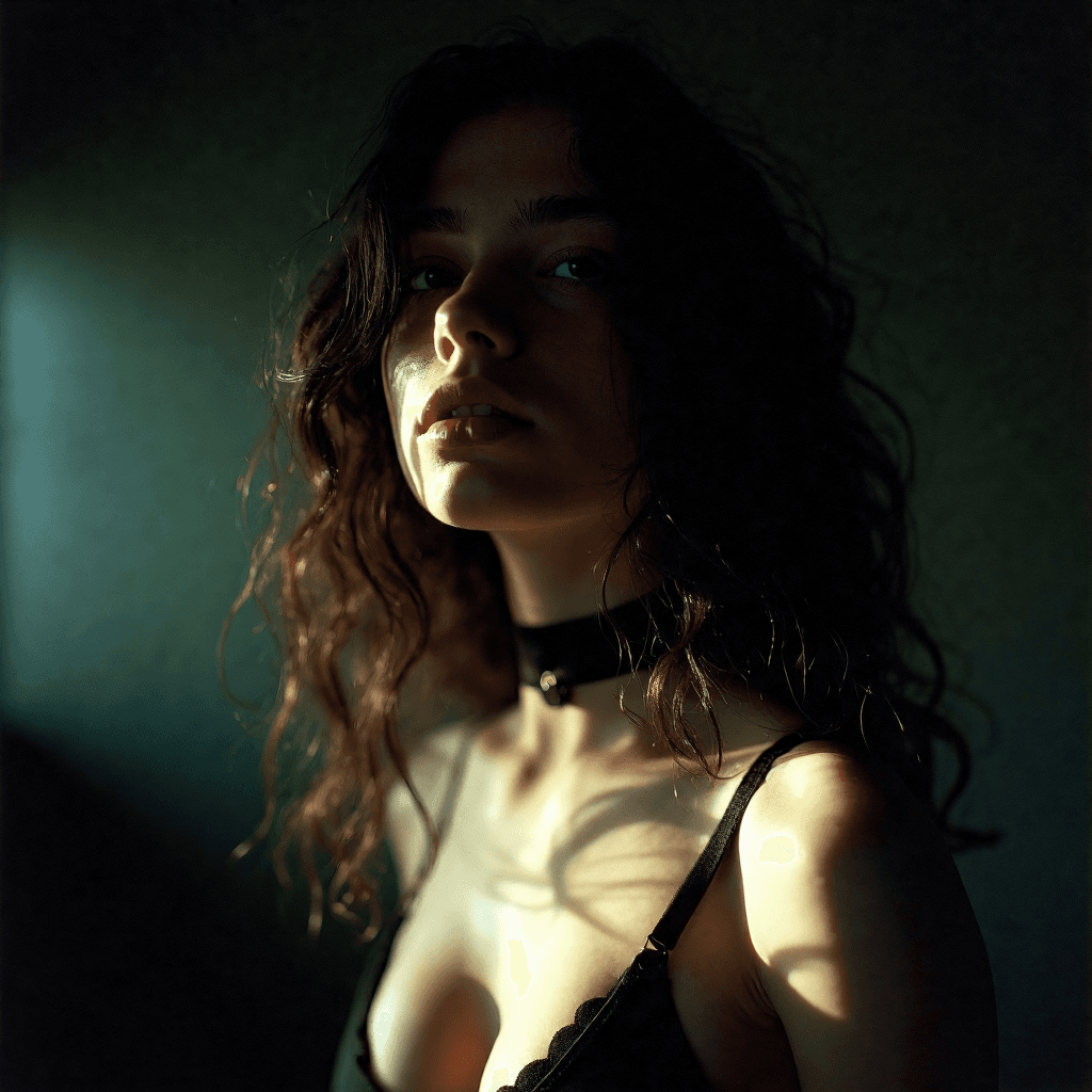 AI generated: 18year old (woman:1.1) with (dark:1.2) wavy hair is totally in a completely (dark:1.1) open room wit...