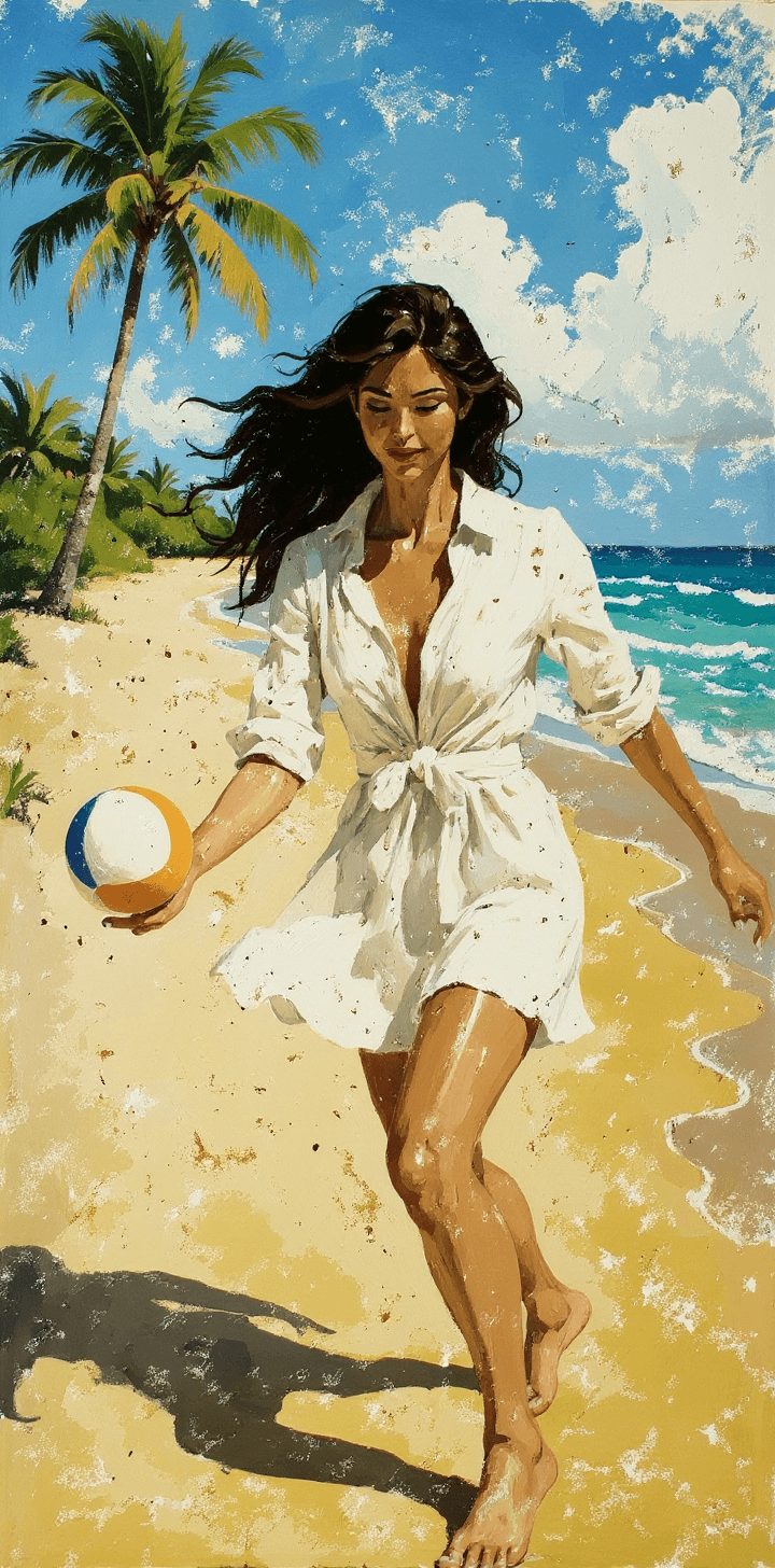 AI generated: a painting of a woman, in the style of brushstroke-intensive portraits, playing beach ball, palmtree...