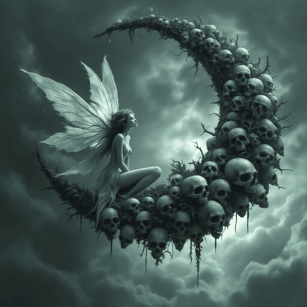 AI generated: Create a dark fantasy scene featuring a mystical fairy perched on a crescent moon adorned with skull...