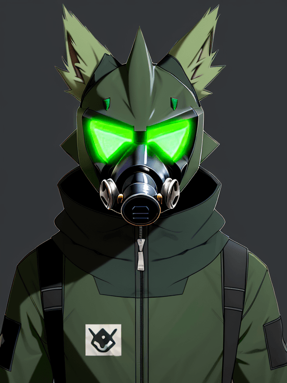 AI generated: mostly green Protogen headshot furry; simple black complete protogen gas reactor mask as visor; head...