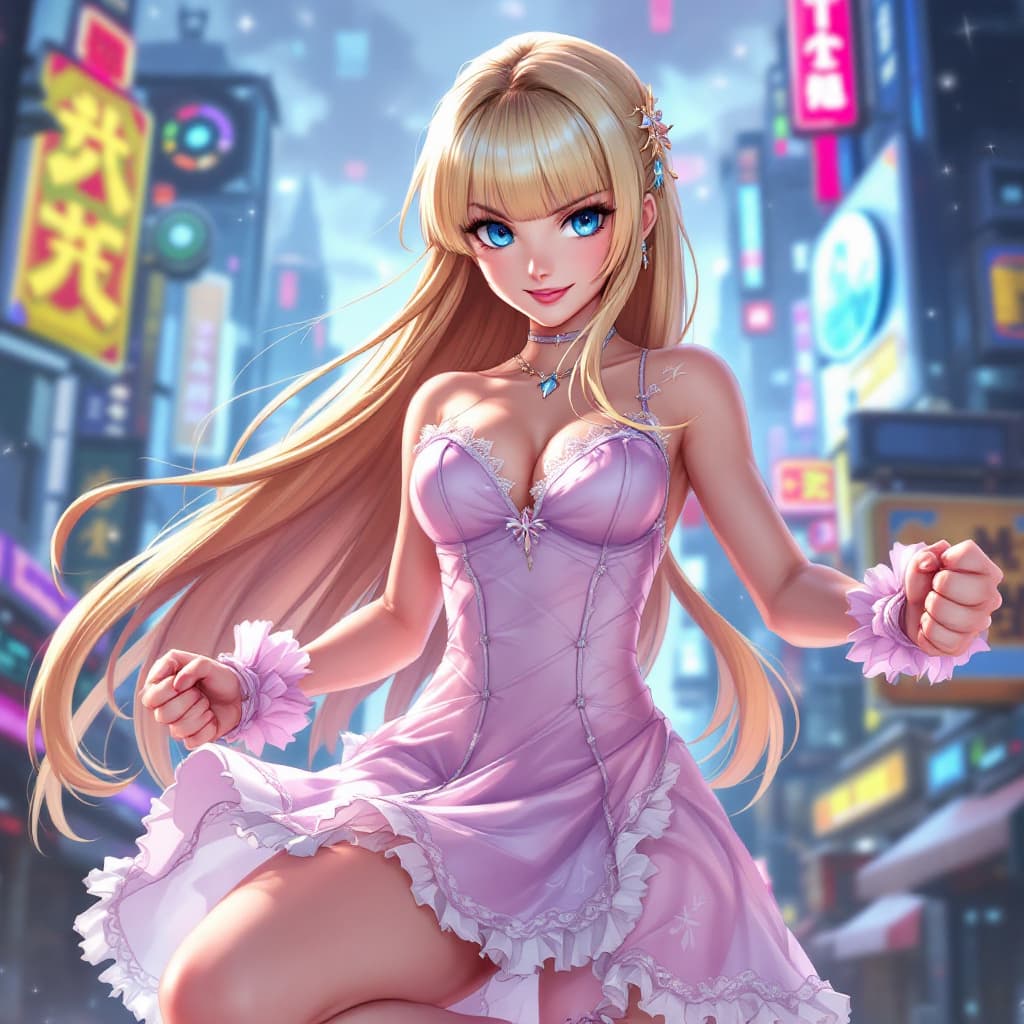 AI generated: a female character with a long, blond hime hairstyle with bangs and blunt side bangs, she wears an e...