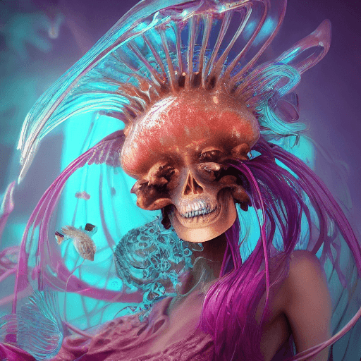 AI generated: Goddess close-up portrait ribcagel. jellyfish phoenix head, nautilus, orchid, skull, betta fish, bio...