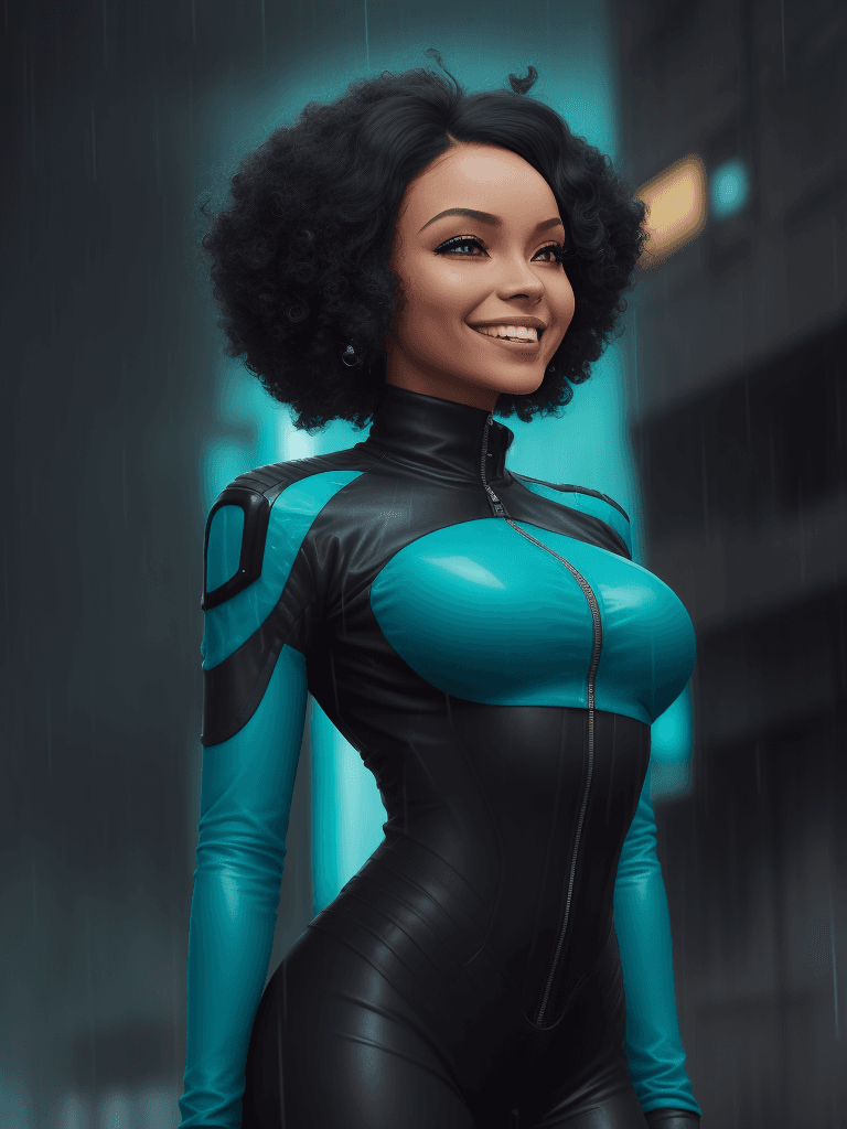 AI generated: a woman with short peppered hair standing in the rain, (Nessa Barrett), smiling, wearing a (crop jac...