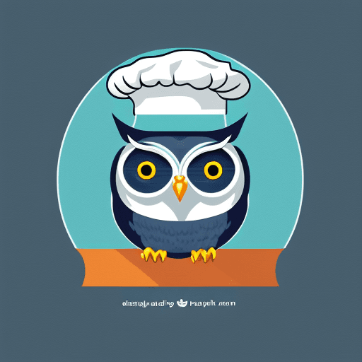 AI generated: flat minimal logo, vector illustrator of (an owl with cooking hat) ((stand in front of a database)),...