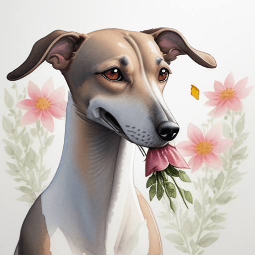AI generated:  Watercolour painting of an elegant greyhound holding a small floral bouquet in its mouth, with drip...